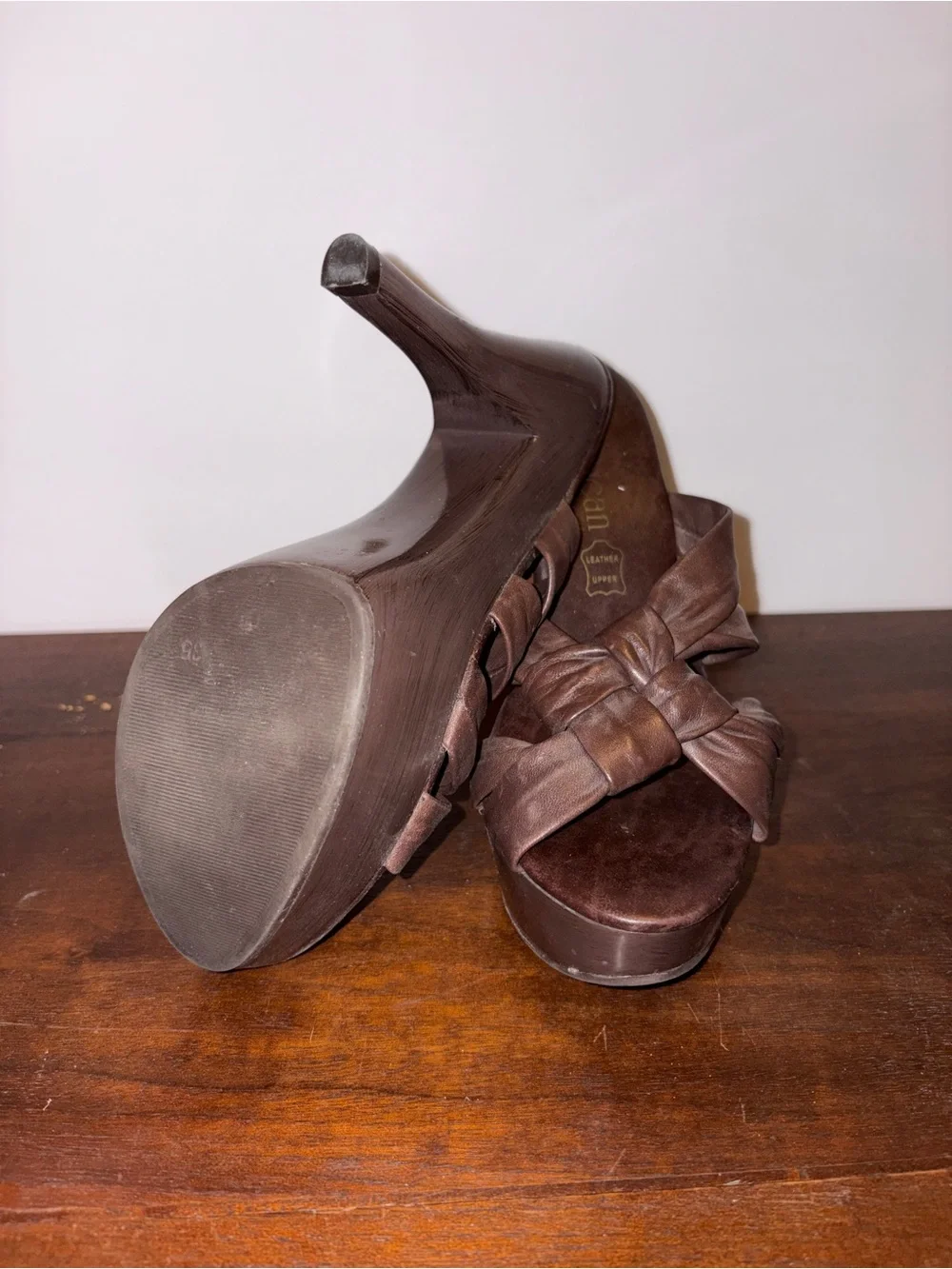 Cathy Jean Brown Knotted Leather Slide Wedge Sandals